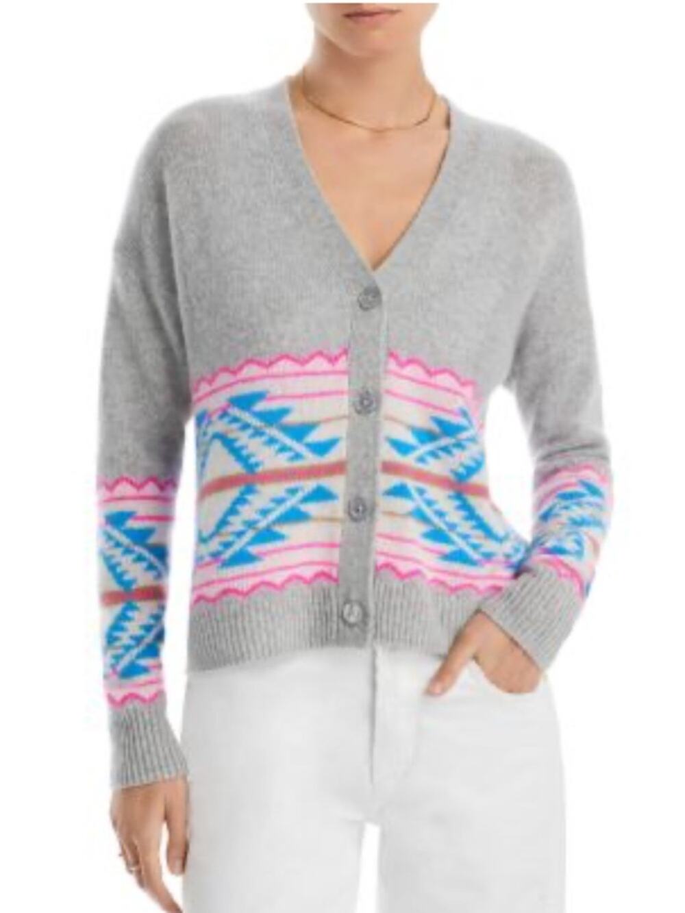 Aqua Gray V-Neck Cardigan with Pink & Blue Tribal Stripe